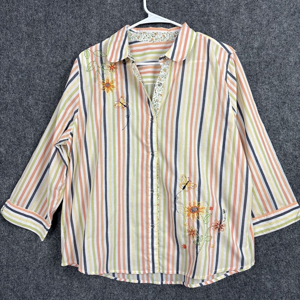 Top Blouse Womens Size XL Button Striped Embroidery Cottagecore Whimsy Nature
